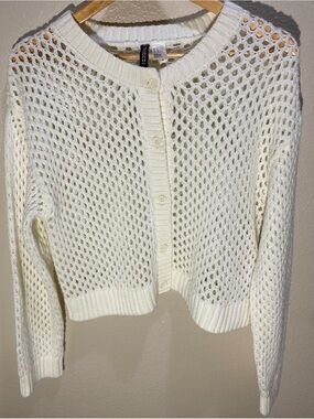 H&M Open-Knit Cropped Button Cardigan - Cream